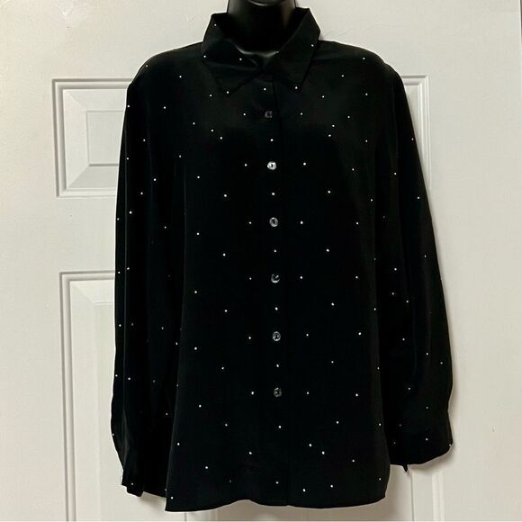 VTG 90s Quaker Factory Black Silk Crystal Soarkle Dot Popover Button Up Tunic S - Picture 1 of 11